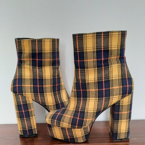Forever 21 Yellow Plaid Platform Booties Size 6 - Picture 2 of 8
